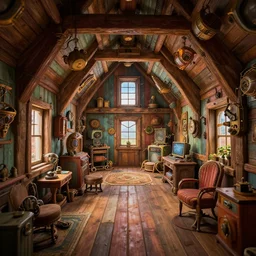 steampunk wooden shack interior, colorful, contrast, depth of field, 3 d scene, render, greg rutkowski, zabrocki, karlkka, jayison devadas, trending on artstation, 8 k, ultra wide angle, zenith view, pincushion lens effect