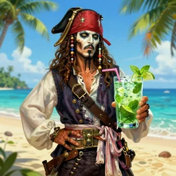 a ghost pirate drinking a mojito on a tropical island, digital art, sharp focus, hyper realistic, highly detailed by peter mohrbacher, wayne barlowe, boris vallejo, paolo eleuteri serpieri