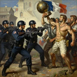 american swat police attacking french revolution, socialist realism painting, by jakub rozalski artgerm and greg rukowsky highly detailed