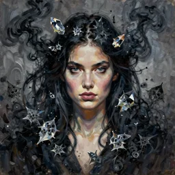 ashes crystal, female portrait, fierce, scattered, black smoke, intricate background, cast shadows, impressionistic oil painting by alexi zaitsev, malcom liepke, ilya kuvshinov, craig mullins, melinda matyas, thomas kinkade, victo ngai, denis sarazhin. bold brush strokes, fractal leaves, masterpiece
