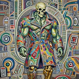 green muscular being, skull head, wearing a casino-themed multicolored coat, golden leg,, painting in the museum, highly detailed, sharp focus, digital painting, artwork by Kinkade
