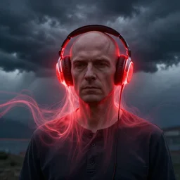 portrait, bald man wearing air pods, by greg rutkowski, in a cabin, storm clouds, red glow surrounding headphones, glow melting up from the headphones, surreal light flowing in the air, ethereal, thomas kinkade, sound waves, powerful zen composition, by takehiko inoue and ross tran, elegant, realistic