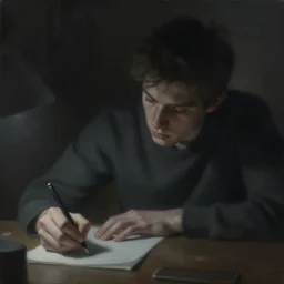 a painting of jeremy mann, a close up view of a young man writing on desk, heavy dark vignette, dim light, dark background, dreamy, misty, desaturated, ominous, depressing, unsettling, creepy