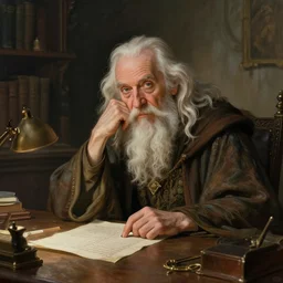 fantasy portrait of a old wizard procrastinating at his desk!!, wizard robes, in the style of ryan jia, highly detailed. smooth, sharp focus, soft lighting, illstration by ilya kuvshinov and katsura masakazu and alphonse mucha, 8 k