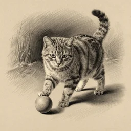 pencil drawing of a cat playing with a ball