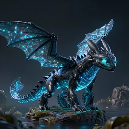 realistic bioluminescent dragon on a dream biome in the style of how to train your dragon, detailed, studio shot, unreal engine 5, octane, high definition, smooth, artstation, behance