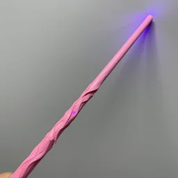 A wand made out of pink wood shooting purple lighting.