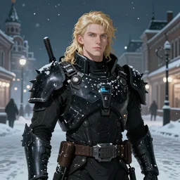portrait of the pale blond MALE soldier Lucius, long curly blond hair, jagged black cyberpunk armor, he is in imperial russian city streets covered in snow, sci fi, night time, ambient lighting, 4k, anime key visual, lois van baarle, ilya kuvshinov, rossdraws, artstation
