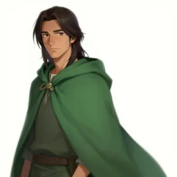 a handsome man with dark medium long hair in curtain, he wears a green cape with hood off, game design fanart by concept artist gervasio canda, behance hd by jesper ejsing, by rhads, makoto shinkai and lois van baarle, ilya kuvshinov