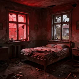 ruined, abandoned polish bedroom, seen from inside. Strong red light falls through the broken windows. Dirt, leaves on ground. Unreal Engine. Substance painter. Zbrush. Trending on artstation. 8K. Red colorscheme. Highly detailed.