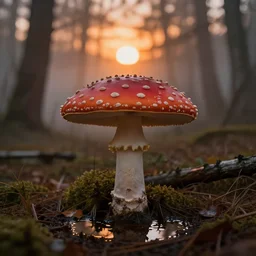 huge red mushroom in the woods, centered, puddles of water, sunset, orange glow, foggy, by shishkin, bradley noah and greg rutkowski
