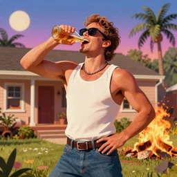 a redneck man wearing a tank top, sunglasses, drinking beer, doing a thumbs up gesture, dancing, laughing at his house being on fire, high quality, very detailed, a beautiful retrowave artwork, trending on artstation