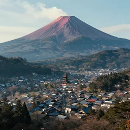 a powerful japanese village high in mountains, volcano, concept art, fantastic landscape, 8 k, cinematic color grading