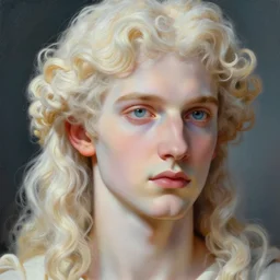 a beautiful close - up of a young albino! greek god apollo effeminate with very long curly hair and thin - eyebrows!, digital art by edward hopper, vibrant color scheme, highly detailed, in the style of romanticism, fine art, high detail, great lighting, 8 k resolution, masterpiece, concept art, illustration, clear eyes, soft lighting, soft details, painting oil on canvas, octane render, hdr, trending on artstation, 4 k, 8 k, hd