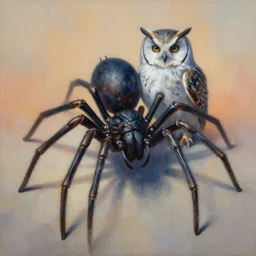 painting of hybrid between spider!!!!!!!!!!!!!!!!!!! & ( ( ( ( owl ) ) ) ), intercrossed animal, mixture animal, by zdzislaw beksinski, by tiffany bozic, cold hue's, warm tone gradient background, concept art, beautiful composition, digital painting