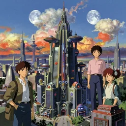 concept art image of an intricate detailed dmt skyscraper amidst a futuristic city against a fantastic colorful sky with a couple moons, by anton fadeev & denise scott brown & studio ghibli, anime cell shaded