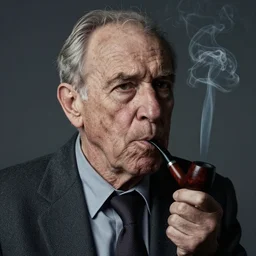 Studio photo close up of an old man wearing a suit and smoking a pipe, battered by life, 4k HDR, sigma 85mm f/1.4, atmospheric lighting