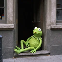 street photography picture of kermit the frog sleeping in the doorway of an oppressive evil building. fugifilm 4 k
