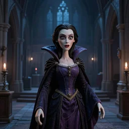 photo taken of an epic intricate, ultra detailed, super realistic stop motion puppet of a majestic gracious regal aristocratic brunette female vampire in an empty church after dusk filmset created by weta workshop directed by tim burton, menacing, close up shots, moody night time scene, photorealistic, sharp focus, gloomy, extremely cold blueish colour temperature, 3 5 mm, f 1. 4