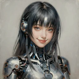 portrait painting of a japanese cyberpunk android, beautiful, smirk, ultra high detail, intricate detail, blade runner production design, unreal render, cinematic lighting, 1 9 2 0 art period drama by bussiere rutkowski andreas rocha