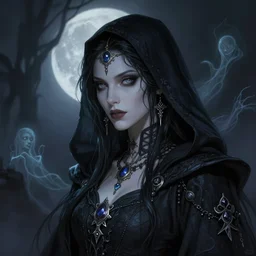 portrait of a female drow necromancer, wearing gothic trinkets, beautiful face, dark hooded robes, moonlit, ghostly atmosphere, spirits, long dark hair,, hd, illustration, epic, d & d, fantasy, intricate, elegant, highly detailed, digital painting, artstation, concept art, smooth, sharp focus, illustration, art by artgerm and greg rutkowski and alphonse mucha, monster hunter illustrations art book