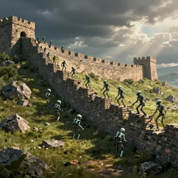 Alien robots rebuilding Hadrian\'s wall, 2050s, digital art
