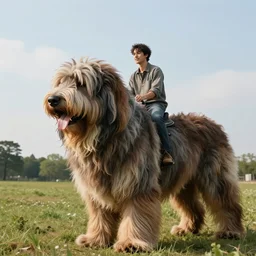 a man riding a giant, large, long haired dog