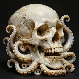 an intricately detailed carving in an human - octopus skull, rococo ornate bone and ivory sculpted skull with teeth and tentacles