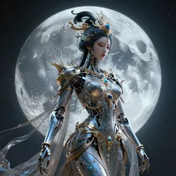 by par olofsson and tristan eaton, visually stunning, cinematic, ultra realistic, hyper realism, 1 2 k, epic, octane render, unreal engine, vfx, maya, mystic dreams : lunar oracle, ornate creature : cyborg geisha, robotic : machina, super intricate ornaments : the fluidity of creativity
