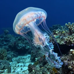 underwater photograph of a jellyfish on shallow waters, strange, hyper detailed, fractal, mutant, tendrils, tentacles, glowing, tropical, crystal waters, reef