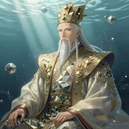 emperor with a polygonal kingdom underwater, light dust, magnificent, close up, details, sharp focus, elegant, highly detailed, illustration, by Jordan Grimmer and greg rutkowski and PiNe(パイネ) and 薯子Imoko and 香川悠作 and wlop and maya takamura, intricate, beautiful, Trending artstation, pixiv, digital Art