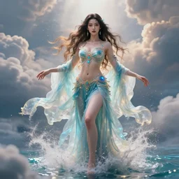 a beautiful female goddess of the water character, character is in all its glory, character is in her natural relaxed pose, full body shot, rim lights, particles and dust in the air, fancy clouds, highly detailed professional photo, dynamic lights, particles are flying, depth of field, trending on artstation, professional illustration, hyper realistic, vray caustics, super detailed, colorful accents, cinematic shot