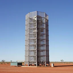 symmetrical modular atmospheric water collector tower, electrostatic fog collector wall, fine sailcloth mesh, windtrap, engineering, with irrigation reservoir in the australian red desert, simple composition, rule of thirds, photorealistic scientific documentary