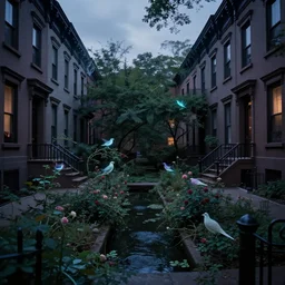 between two 1 9 th - century brooklyn brownstone buildings, a surreal small twilight creek - garden, rose - brambles, lambent - birds, mystery - magic, serene overcast atmosphere, midnight