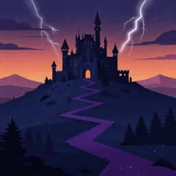 giger illustration dark purple zig - zag path. evil fantasy castle over a high dark blue hill at night. orange to pink gradient sky and thunderstorm background. forest underneath