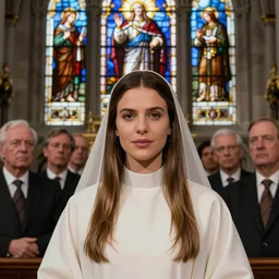 close - up portrait of priestess mila kunis teaching her people in church, large stained glass showing mila kunis, donato giancola, tim hildebrandt, wayne barlow, bruce pennington, larry elmore