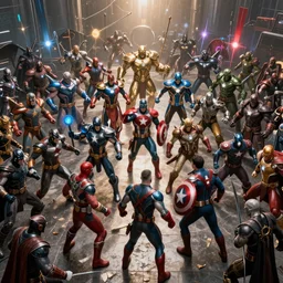 a large-scale battle of Marvel superheroes against DC villains, hyper realism, very detailed, fantasy, epic, dramatic light, 8k resolution