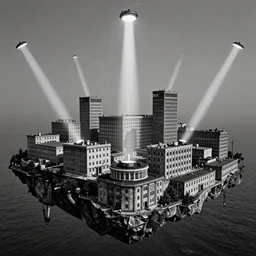 brutalist city, prison city, totalitarian prison island, spotlights, military buildings, prison complex, colorized 1 6 mm photo