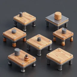 Game assets, wood and metal plataforms, cartoony, various items, trending on artstation, HD, Octane render, smooth, sharp focus