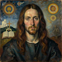 an awesome paul cezanne work of art of timothy leary in the style of a renaissance masters portrait, tibetan book of the dead imagery and new - age symbolism, intricately detailed, 4 k, cgsociety