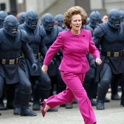 margaret thatcher in a fuschia pantsuit, running from a horde of angry klingons.