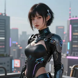 portrait futuristic Cyber Ninja Girl, in future cyberpunk tokyo rooftop , ssci-fi, fantasy, intricate, very very beautiful, elegant, neon light, highly detailed, digital painting, artstation, concept art, smooth, sharp focus, illustration, art by alphonse mucha and tian zi and WLOP