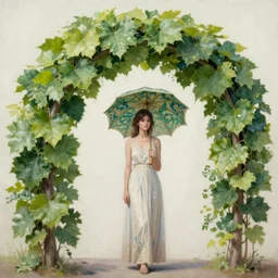 leaf arch, woman with parasol, intricate oil painting by greg rutkowski, trending on artstation