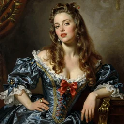johansson with long hair dressed in pin up style, ultra detailed, beautiful, decolte, by greg hildebrandt fancy rococo baroque oil painting high quality clothed in fancy garb in pin up style