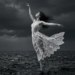 a woman levitating above the sea, made of intricate decorative lace leaf skeleton, in the style of the dutch masters and gregory crewdson, dark and moody