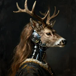 a young woman's face in profile, cyborg with a mutant deer head, in the style of the dutch masters and gregory crewdson, dark and moody