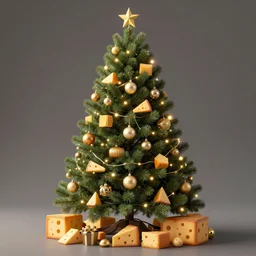 a highly detailed photographic render of a christmas tree decorated with cheese, octane 3d render, beautifully lit