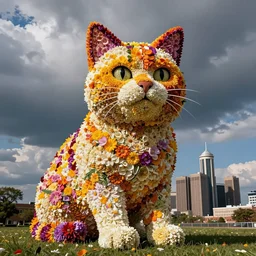 a gigantic cat made of flower petals towering over detroit, high resolution photograph, breaking news footage