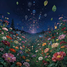 night sky full of flowers, cyberpunk art, floating detailes, leaves by miyazaki, kenneth blom, mental alchemy, pablo amaringo, naudline pierre, contemporary art, hyper detailed, photorealistic,