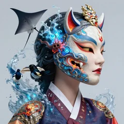 3 d goddess close - up profile portrait. beautiful intricate highly detailed korean gumiho mask and traditional korean hanbok. stingray, magpie, bio luminescent, plasma, lava, ice, water, wind, creature, artwork by tooth wu and wlop and beeple and greg rutkowski, cgsociety,